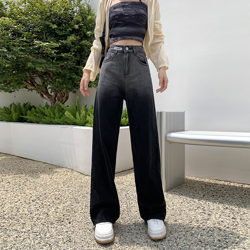 黑色渐变直筒牛仔裤女秋冬2025新款高腰宽松显瘦小众设计感阔腿裤