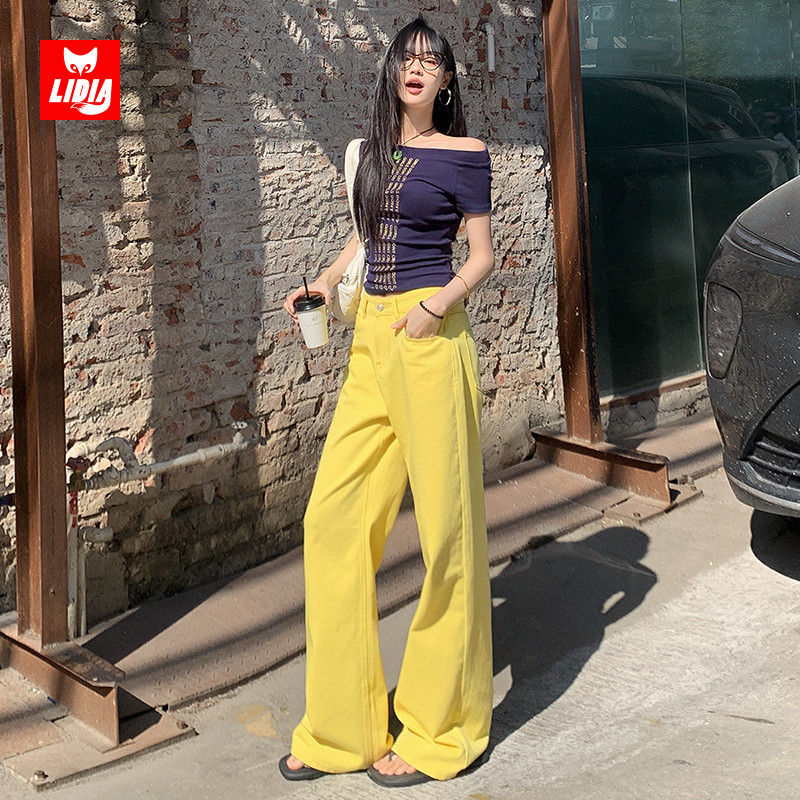 柠檬黄阔腿牛仔裤女2025秋冬季今年流行高腰显瘦宽松直筒拖地裤子
