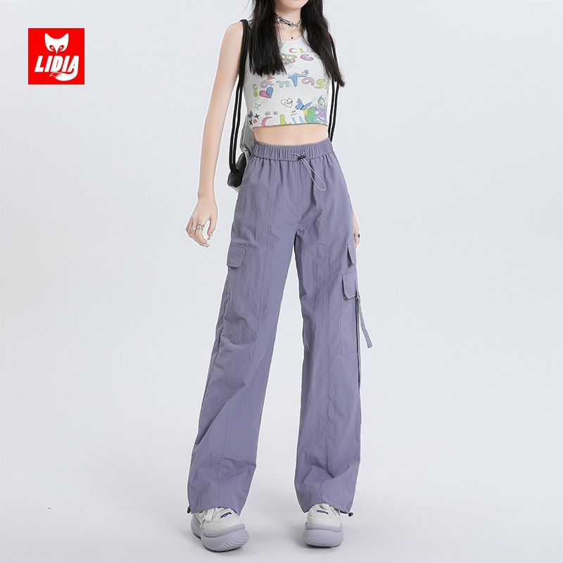 美式机能风工装裤女秋款今年流行紫色裤子高腰阔腿直筒秋冬休闲裤