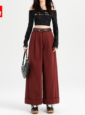 安可拉红色九分阔腿牛仔裤女秋新款高腰宽松垂坠感小个子直筒裤子