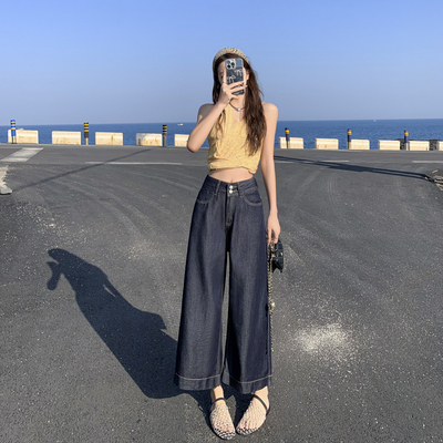 深蓝色天丝阔腿牛仔裤女2025夏季薄款高腰直筒宽松显瘦百搭九分裤
