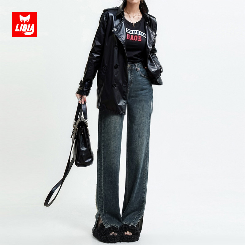 侧开叉阔腿牛仔裤女2023新款