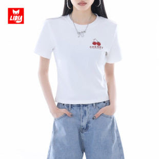 正肩短款 2025新款 设计感小众宽松显瘦圆领上衣 t恤女夏季 白色短袖
