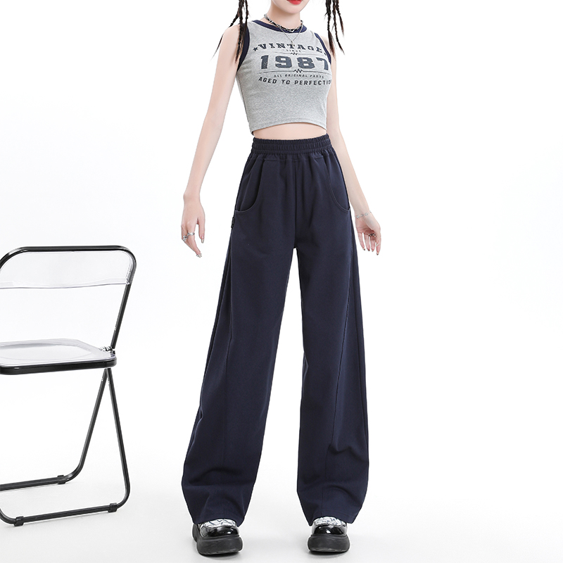 藏青休闲阔腿直筒裤运动香蕉裤子