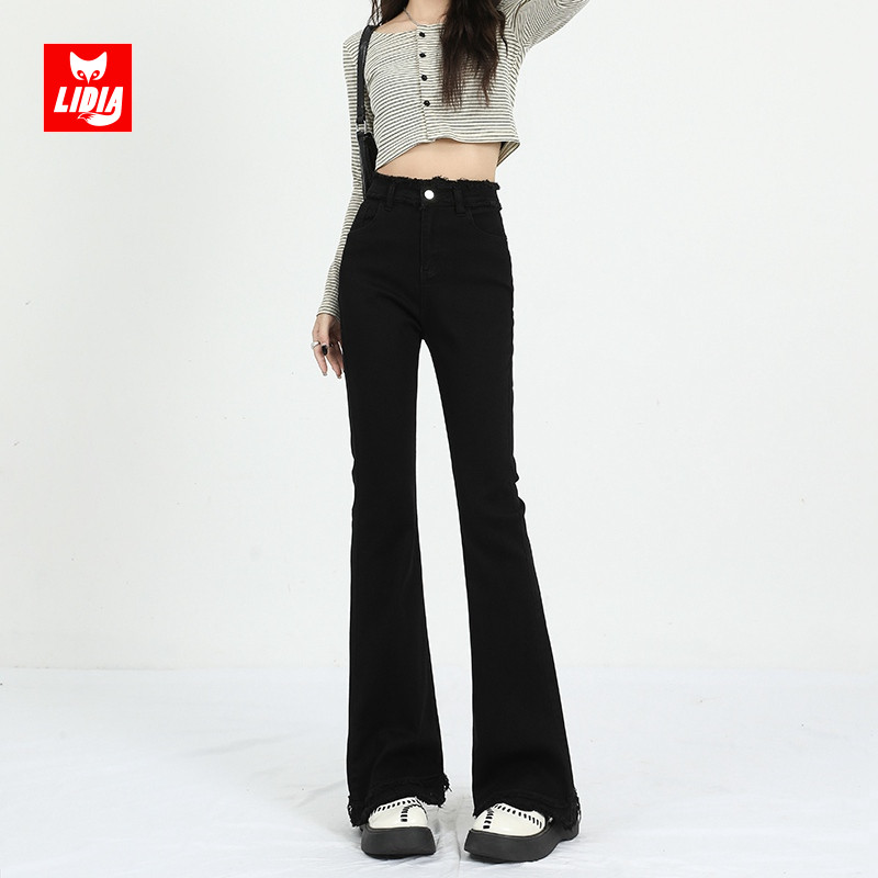 微辣裤黑色毛边牛仔裤春装