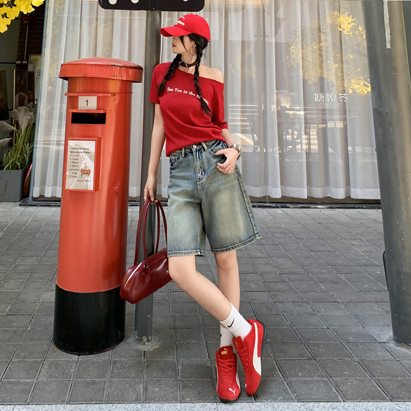 美式复古阔腿牛仔短裤女夏2025新款高腰显瘦直筒宽松百搭五分中裤