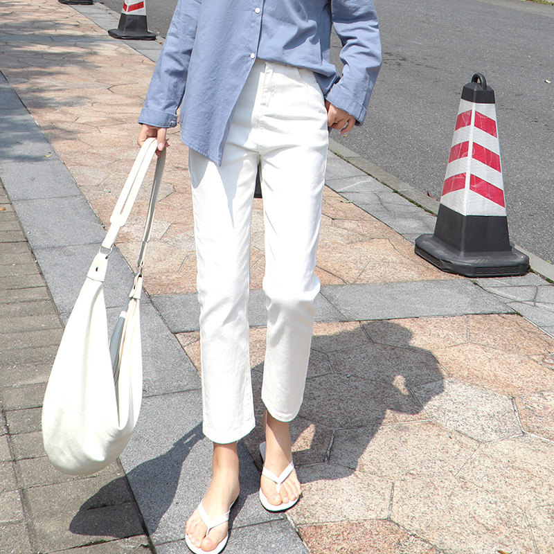 高腰白色直筒牛仔裤女夏季薄款小个子修身显瘦烟管裤九分法棍裤子