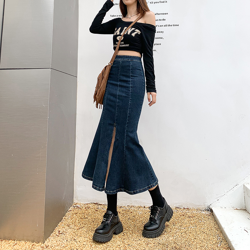 高腰开叉牛仔半身裙女春秋