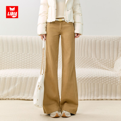 卡其色低腰微喇牛仔裤女秋冬新款加绒美式复古修身显瘦喇叭马蹄裤