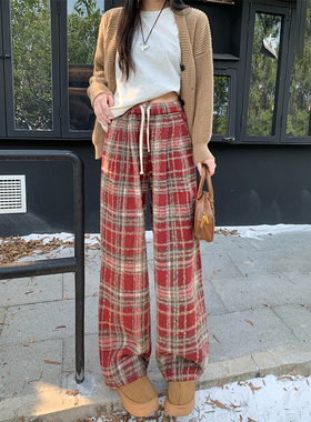 红色宽松格子裤阔腿休闲裤女秋冬2025新款爆款小个子复古直筒裤子