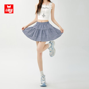 新款 蓝色格子蛋糕半身裙女2025夏季 韩系甜美高腰显瘦a字蓬蓬短裙