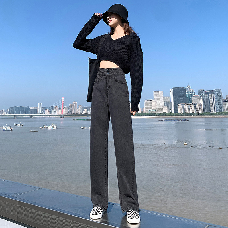 烟灰色高腰阔腿裤直筒牛仔裤女秋冬2020年新款宽松显瘦垂感裤子潮