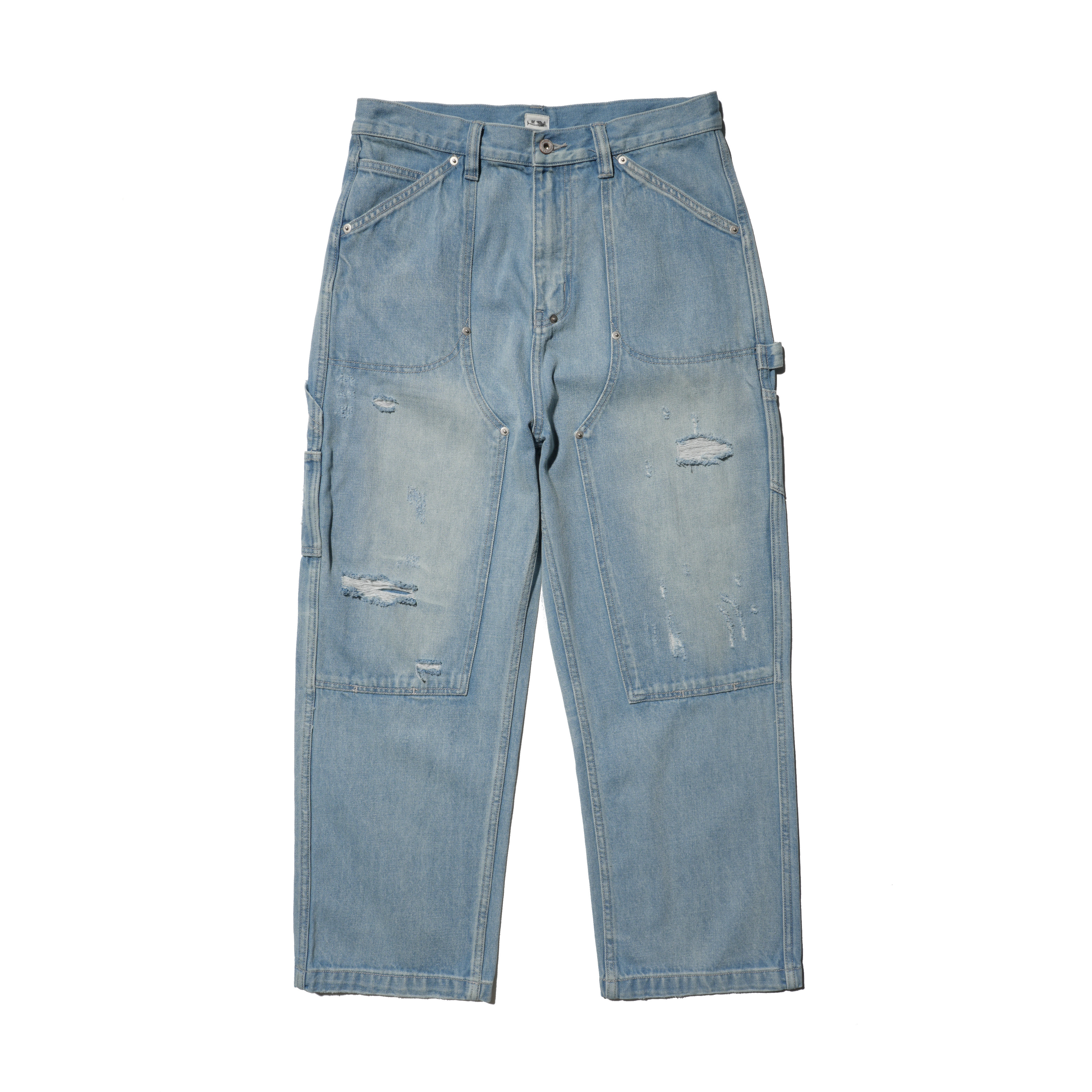 XCCC鱼骨 纯棉13.5盎司复古水洗破坏宽松直筒牛仔伐木裤男女