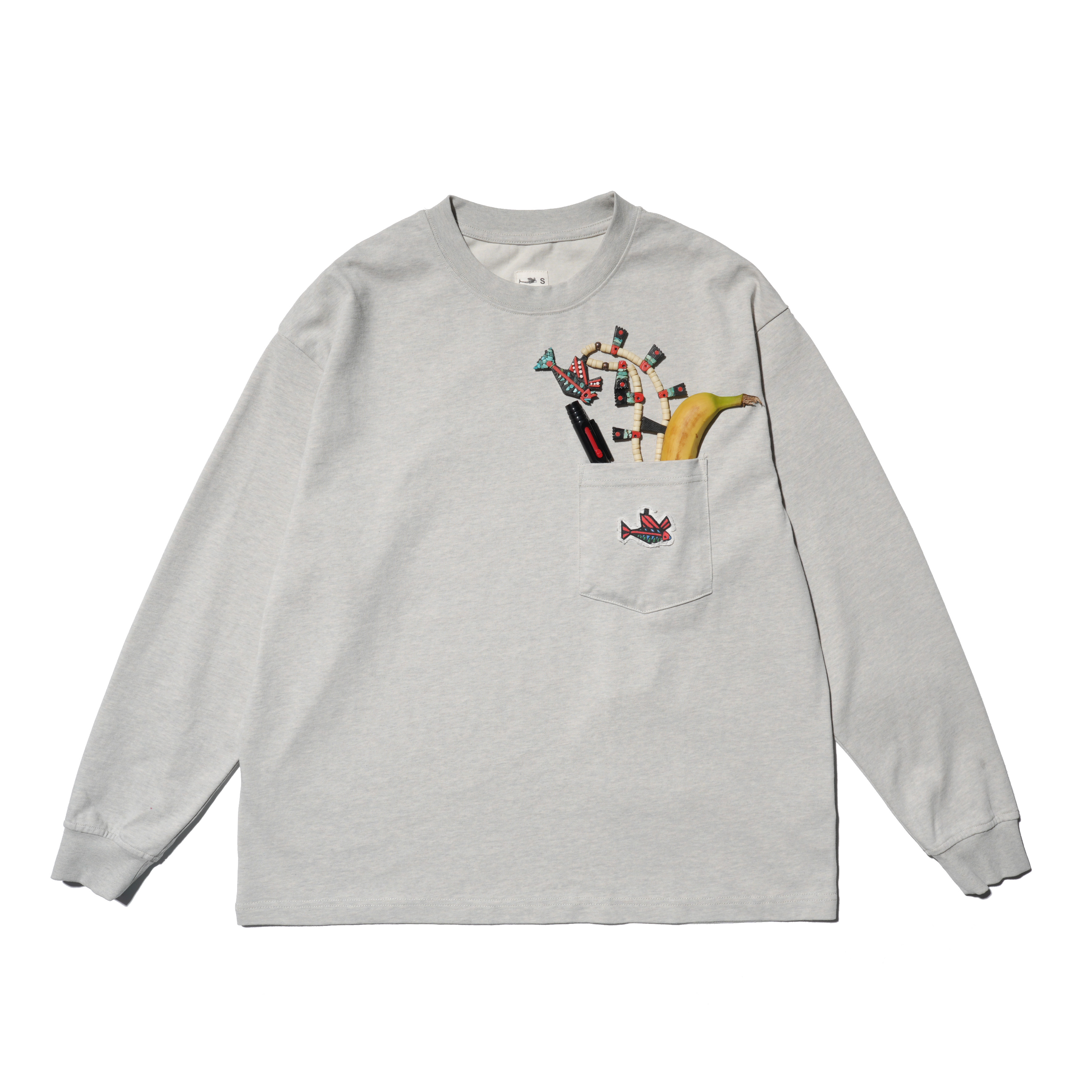 XCCC鱼骨 320克重纯棉宽松女郎补丁印花贴布口袋长袖T恤男女