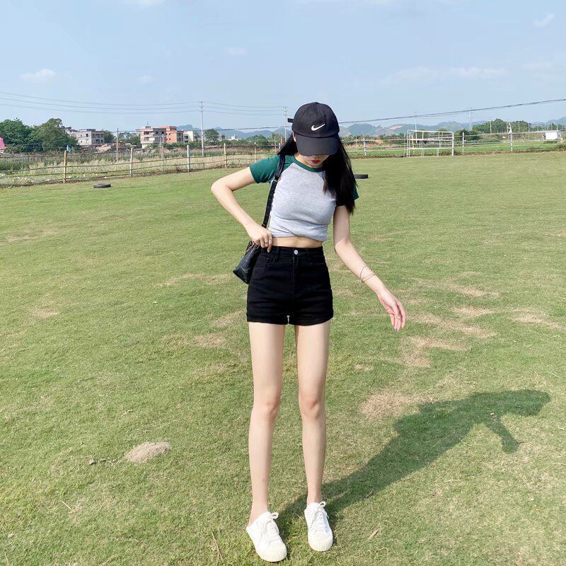 黑色紧身牛仔短裤女2024年夏季新款卷边热卖高腰弹力辣妹超短热裤