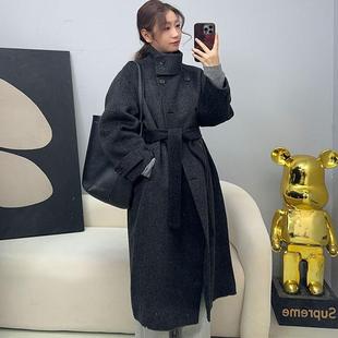 2025秋冬兔绒毛呢外套中长款 系带双排扣羊毛呢大衣 呢子立领修身