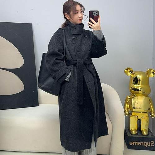 2025秋冬兔绒毛呢外套中长款呢子立领修身系带双排扣羊毛呢大衣