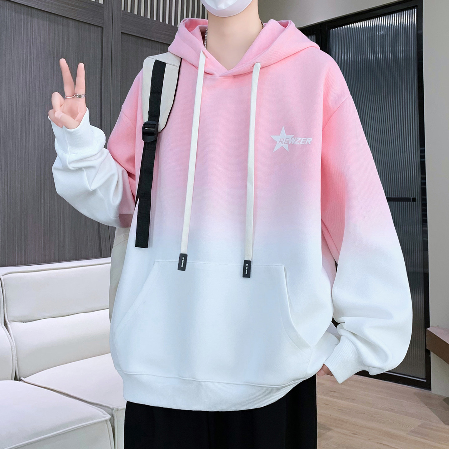 渐变粉色卫衣男士春秋季2026新款宽松上衣青少年学生潮流连帽外套