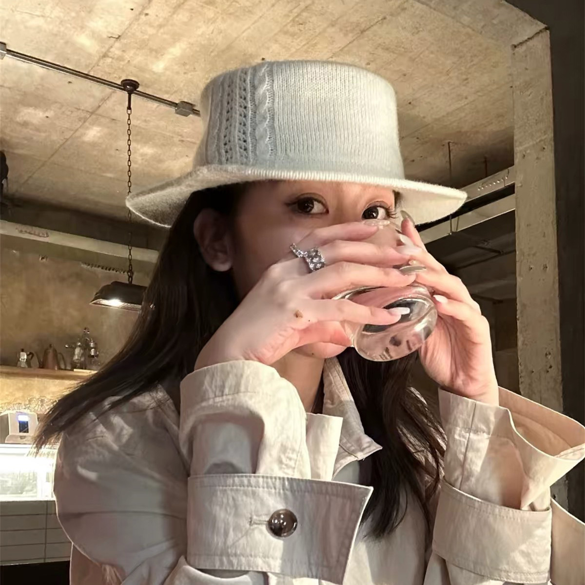 复古镂空平顶礼帽女春秋时尚百搭显脸小气质洋气羊毛女士针织帽子