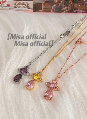 绝美人鱼泪～人鱼泪水滴锆石土星项链彩色叠戴土星千金小众辣妹