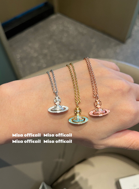 Misa officail｜鎏金珐琅小土星蓝绿平面珍珠锁骨链叠戴小众高级