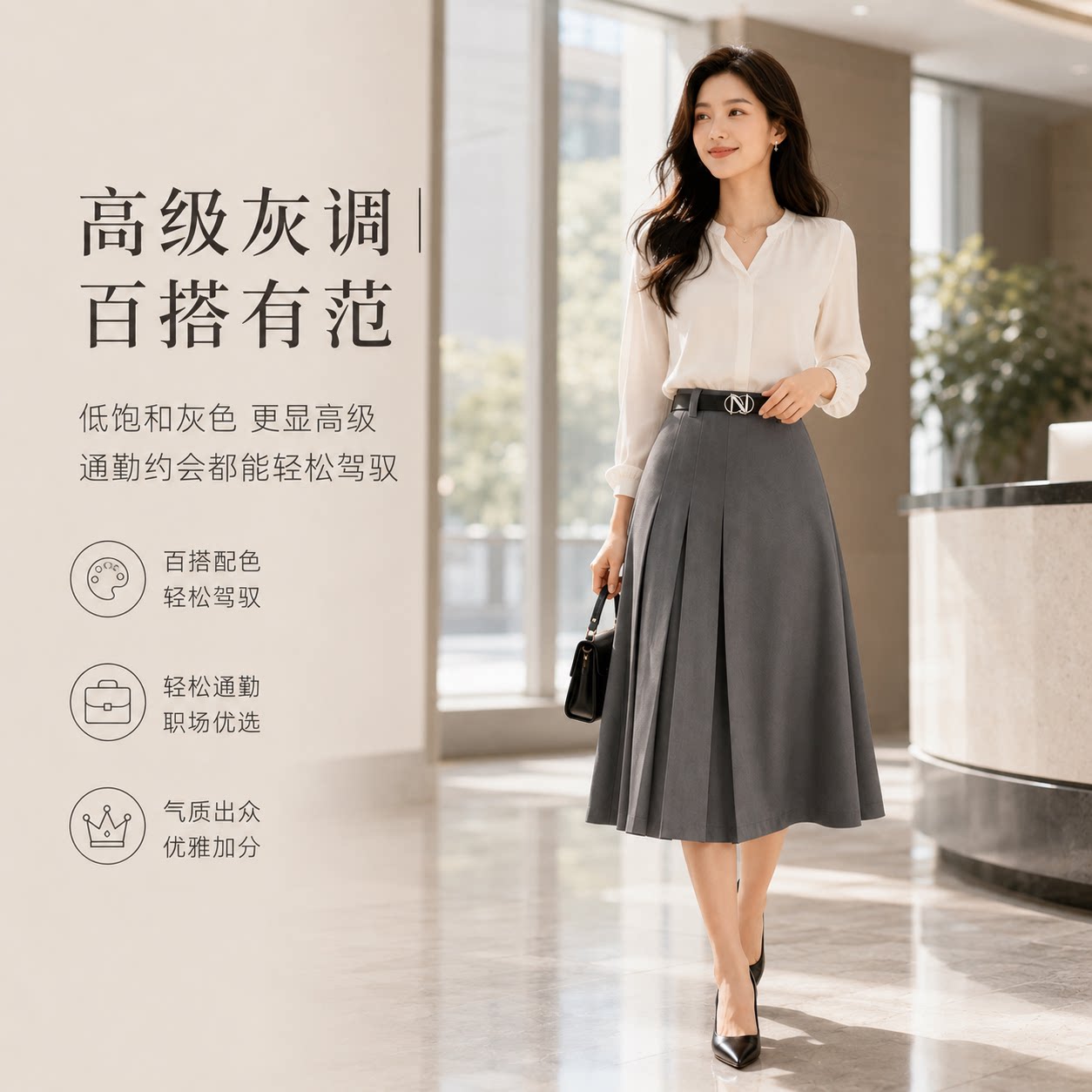百褶遮胯A字西装半身裙高级