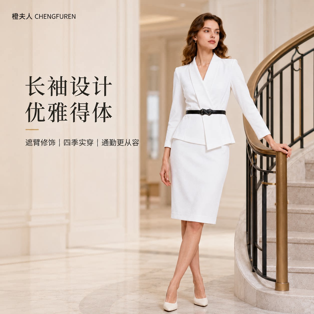 橙夫人职场女装新品女简约翻领气质通勤连衣裙LN8D076KWB008E