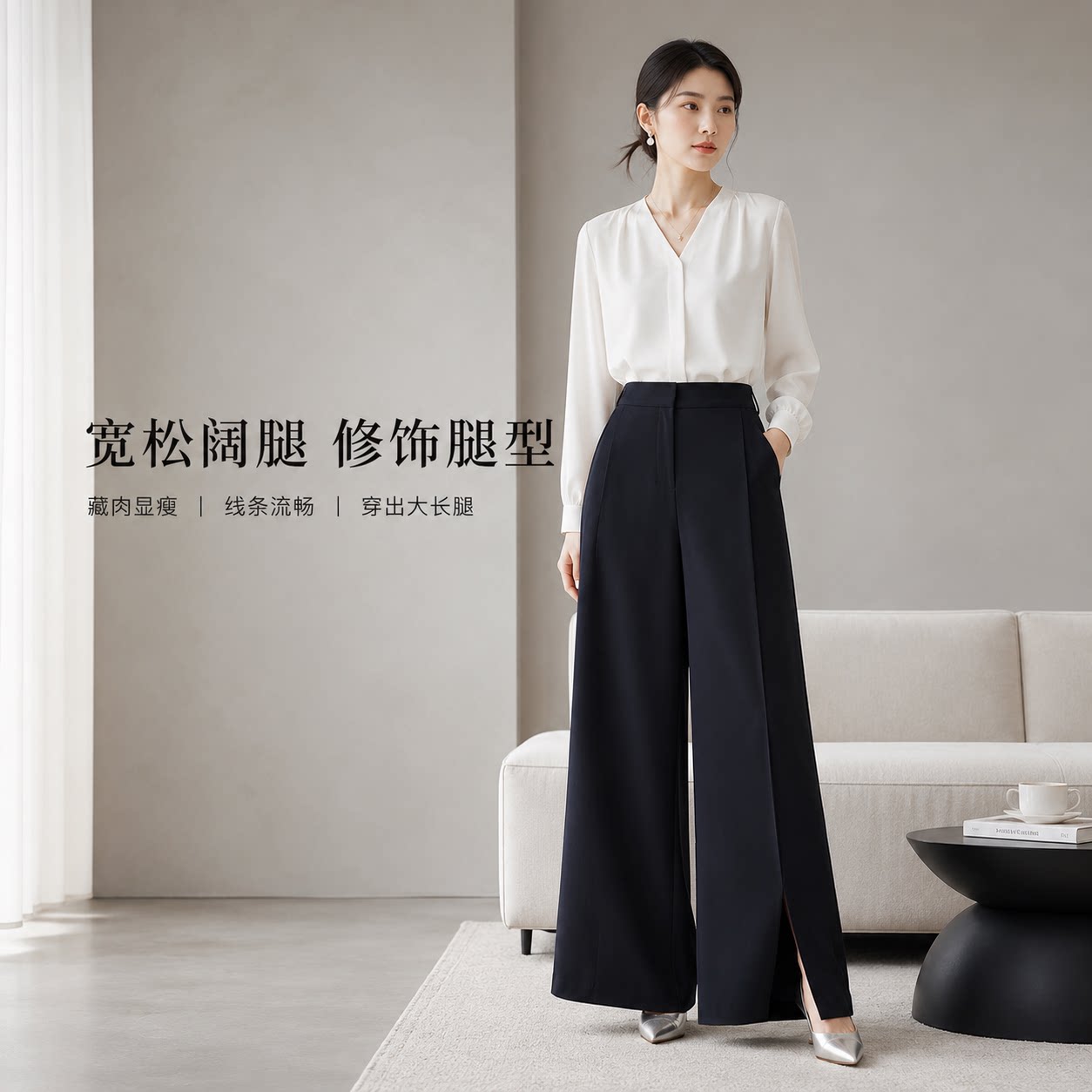 垂感阔腿裤高腰开衩显瘦百搭女裤