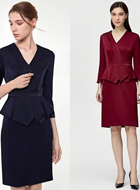 橙夫人职场女装OL假两件V领西装职业束腰修身连衣裙LA8D067KWB0