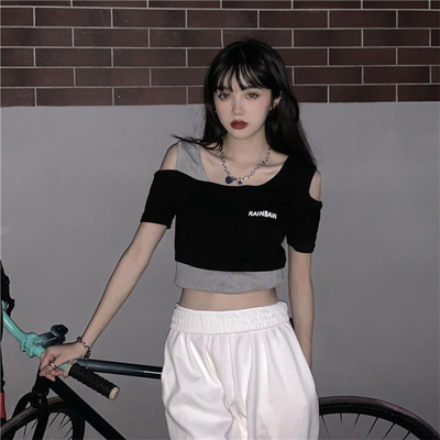 假两件短款露脐短袖T恤女jazz