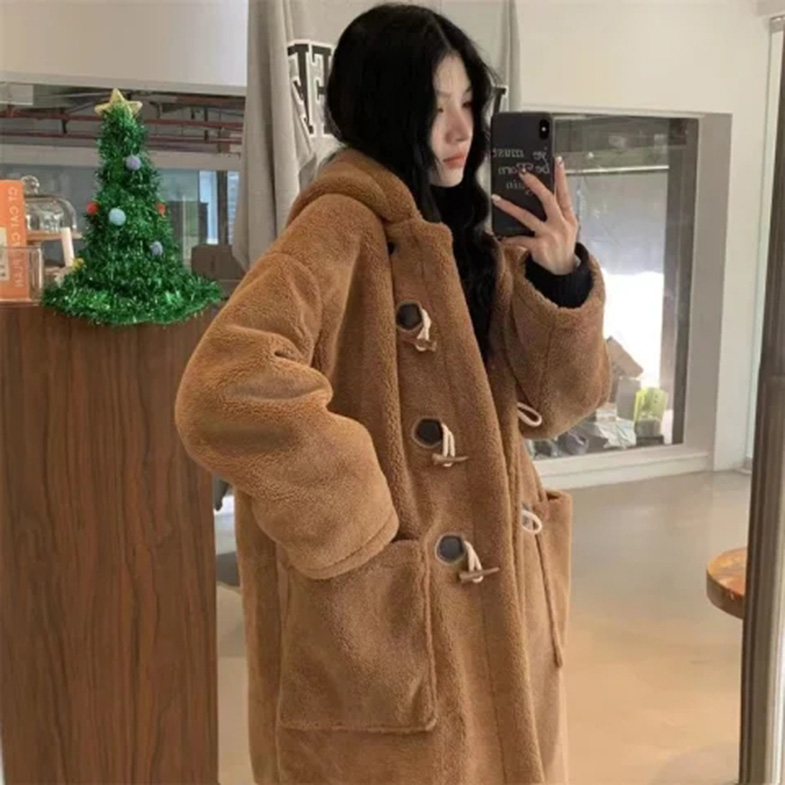 羊羔绒外套女宽松韩版学生少女仿皮草皮毛一体中长款牛角扣棉衣服