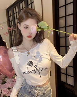 女团风练习室Lisa同款甜辣妹性感露肩短款不规则爵士舞长袖上衣服