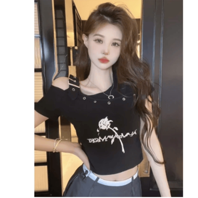 性感露肩短款假两件T恤美式