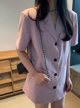 SAINA夏季薄款短袖西装裙韩版直筒腰带通勤连衣裙2023新款气质女