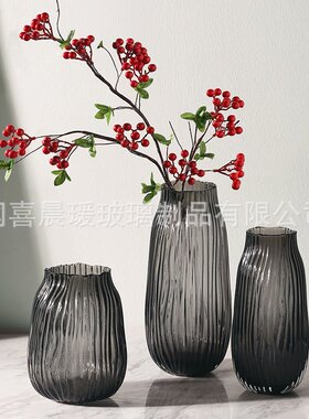 欧式创意波浪口灰色玻璃花瓶水养百合富贵竹家用鲜花插花桌面花瓶