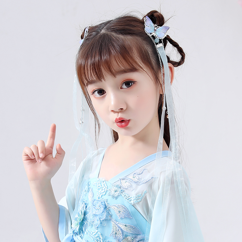 儿童汉服头饰流苏步摇发簪复古女童唐装古风丝带古装小孩飘带发夹(用69元券)