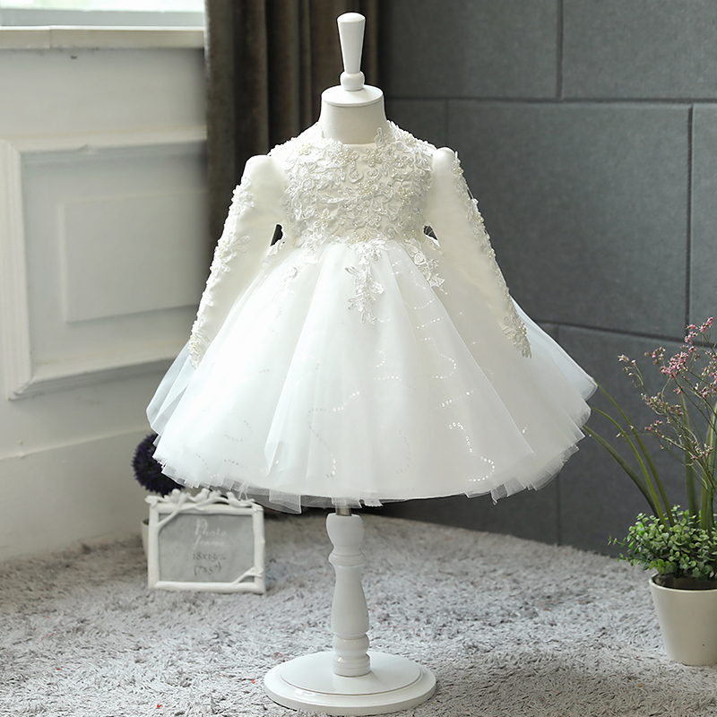 儿童周岁礼服女宝宝公主裙白色女童走秀钢琴演出服花童蓬蓬纱裙秋