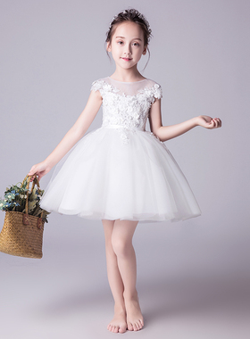 女童礼服公主裙儿童蓬蓬裙白色小女孩花童婚纱小主持人钢琴演出服