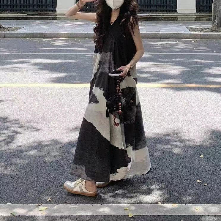 水墨画气质无袖连衣裙女