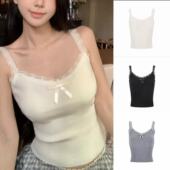 拼接蕾丝边气质上衣女修身 饰百搭 显瘦针织吊带背心蝴蝶结装