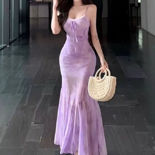 款 性感辣妹紫色碎花吊带连衣裙夏季 显身材御姐气质海边度假鱼尾裙