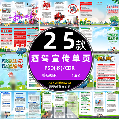 手绘卡通拒绝远离酒驾交通安全宣传册单三折页psd设计模板cdr素材