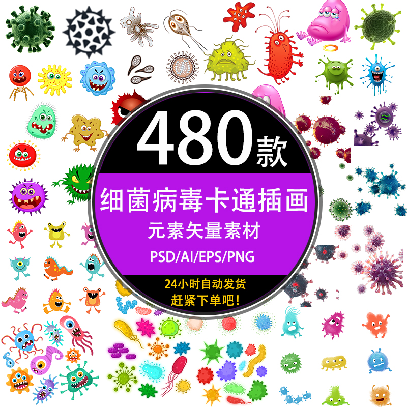 psd预防控冠状艾滋病毒细菌子细胞卡通插画医学宣传矢量设计素材