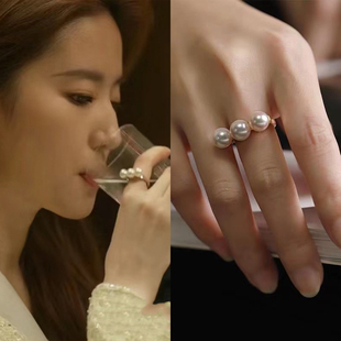 玫瑰的故事刘亦菲同款平衡木三珠珍珠戒指高级气质轻奢