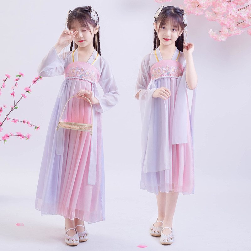 儿童汉服女飘逸古风抖音款齐胸襦裙古装樱花超仙连衣裙春樱春夏装