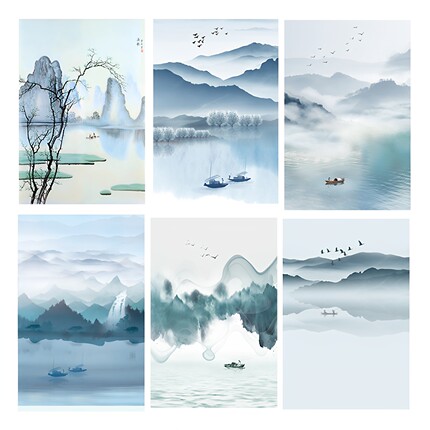 新中式山水风景玄关挂画客厅装饰画走廊过道画芯打印定制墙画壁画