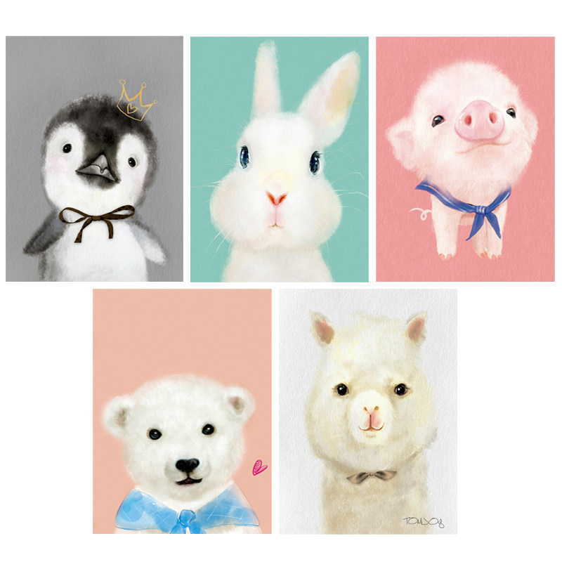 北欧小清新小猪兔子自粘画芯卡通动物装饰画儿童房卧室床头背胶画