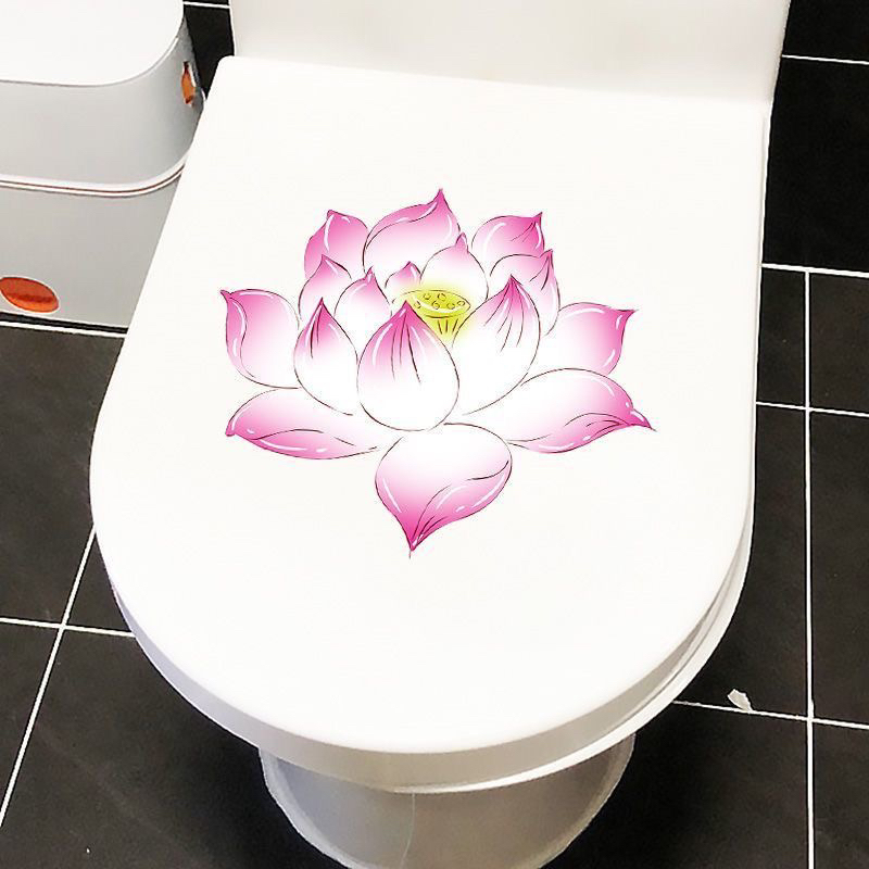 手绘粉白莲花马桶盖贴纸防水卫生间厕所马桶家居装饰墙体个性贴画图片