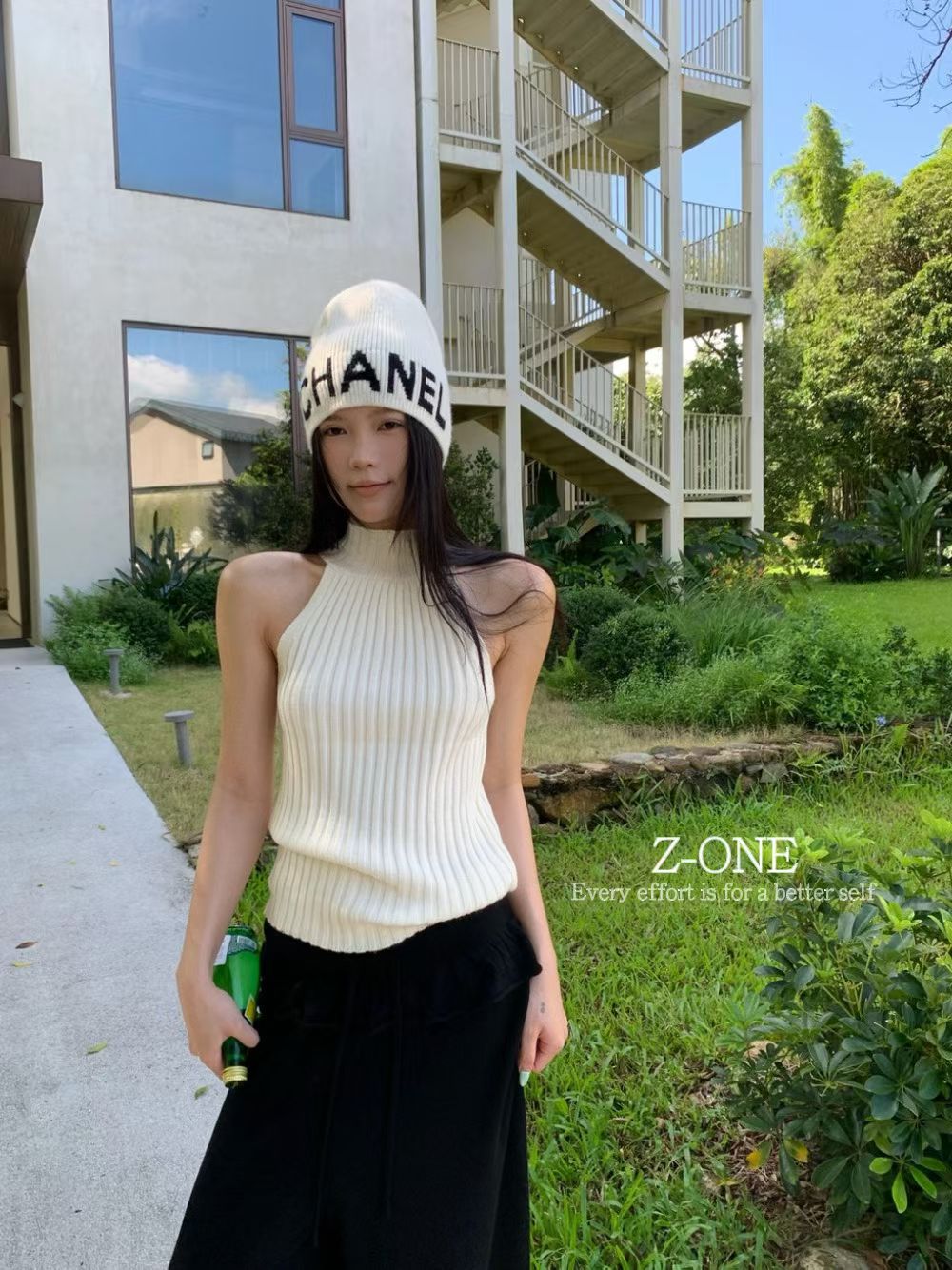 Z-ONE木耳边半高领坑条显瘦针织背心女早秋新款修身百搭打底上衣