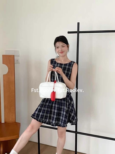 FST十三行夏季韩系格纹花边背心裙女甜美显瘦中长连衣裙